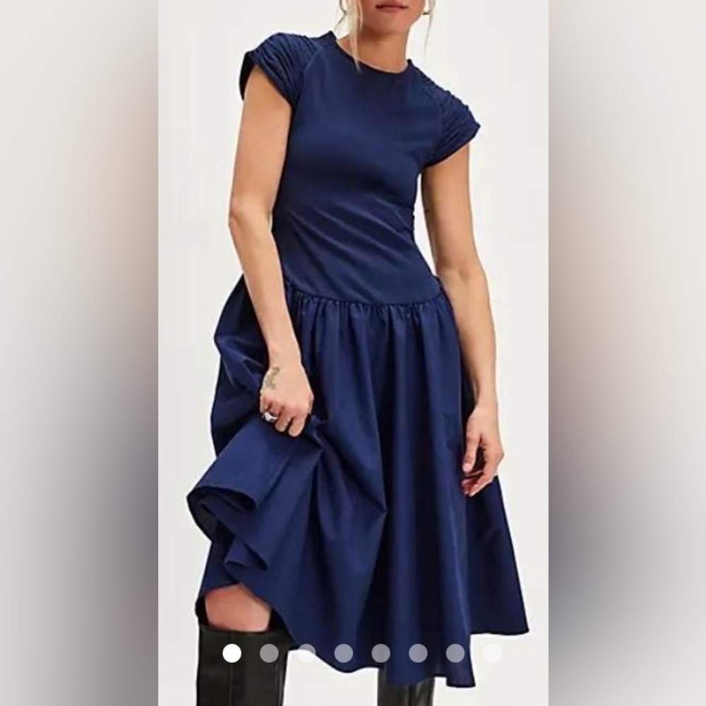 Free People Blue Asymmetrical Pleated Midi Dress